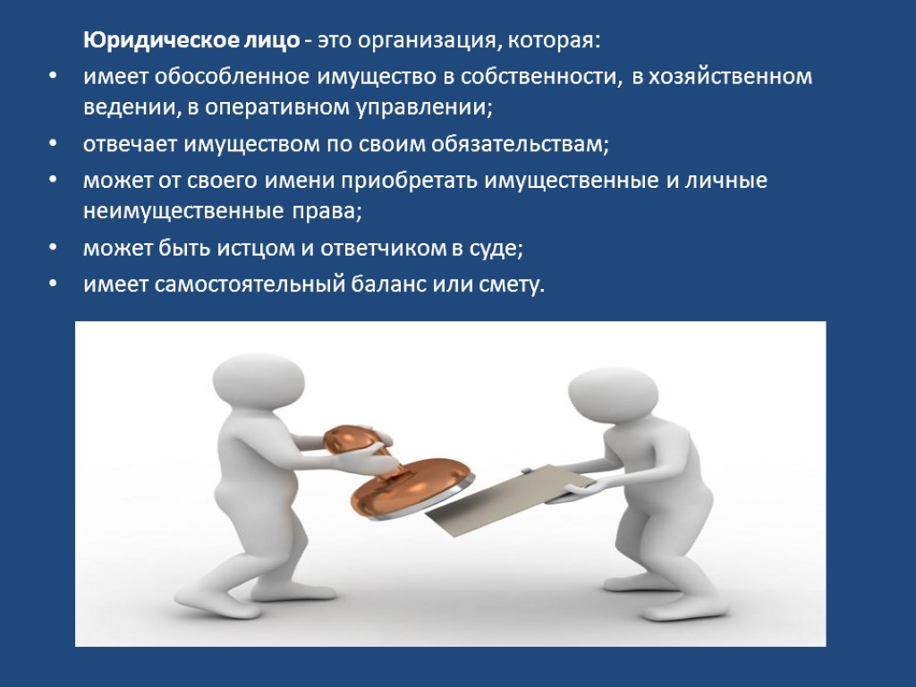 Юридическое лицо - это организация, которая: имеет обособленное имущество в собственности, в хозяйственном ведении,